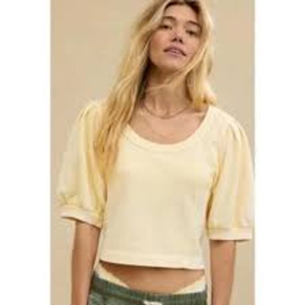 Aerie Seams Right Puff Sleeve Cropped Sweatshirt Butter Yellow Medium